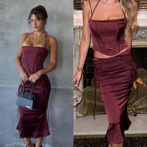 NWT House of Cb Sidonie Satin Midi Wine Red Skirt Lace Size M